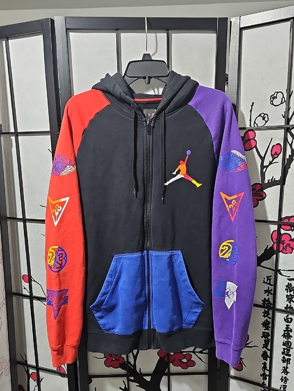 Jordan Black Zip Hoodie with Red and Purple Raglan Sleeves Size Medium